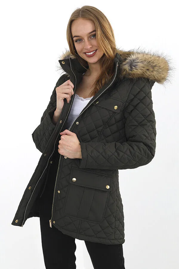 Womens Brave Soul Parka Padded Khaki Winter Hooded Coat