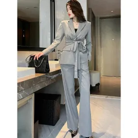 Women's Chic Formal Lace-up Decor Blazer Wide Leg Loose Pants 2 Piece Set