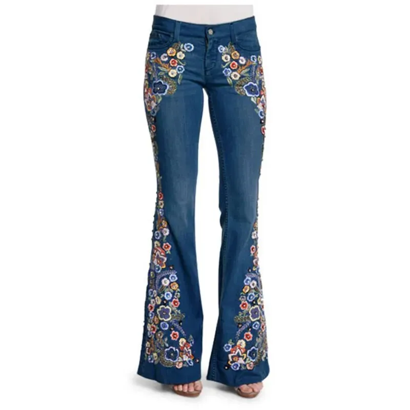 Women's High Street Fashion Floral Embroidery Multicolor Denim Flare Pants