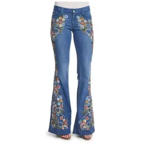 Women's High Street Fashion Floral Embroidery Multicolor Denim Flare Pants