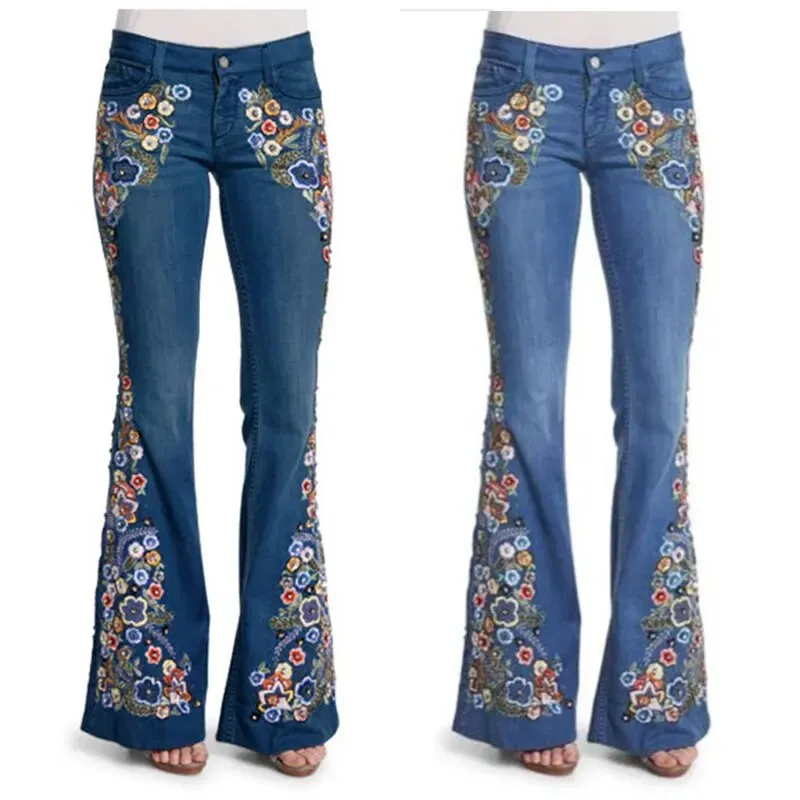 Women's High Street Fashion Floral Embroidery Multicolor Denim Flare Pants