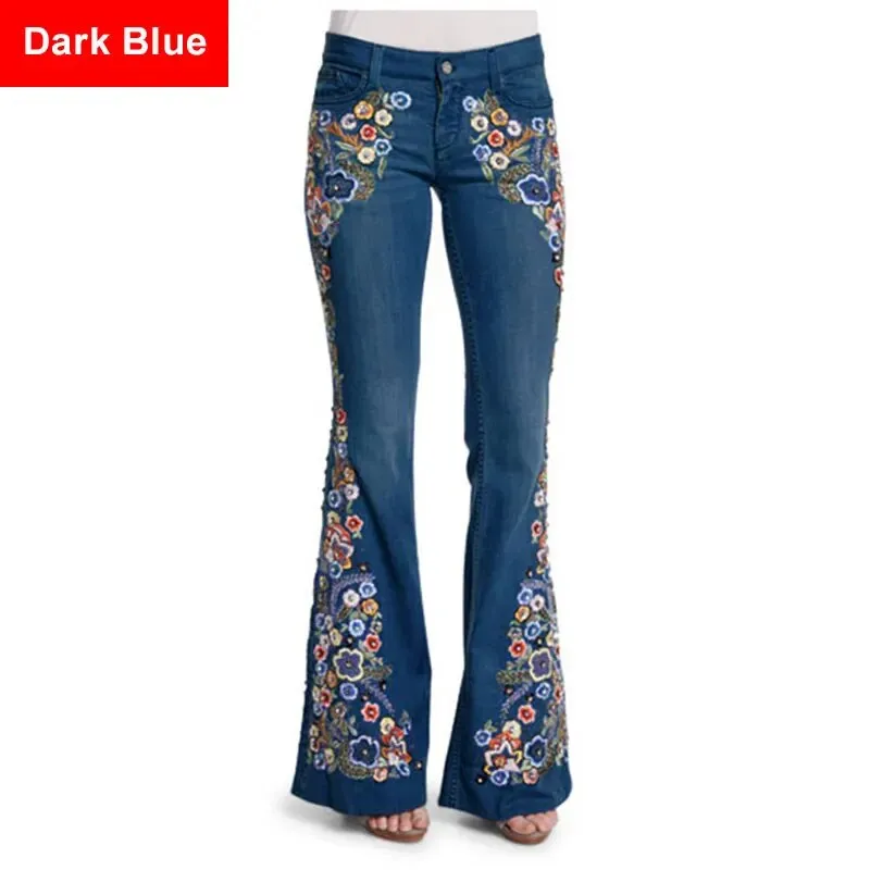 Women's High Street Fashion Floral Embroidery Multicolor Denim Flare Pants