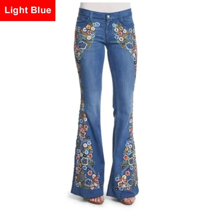 Women's High Street Fashion Floral Embroidery Multicolor Denim Flare Pants