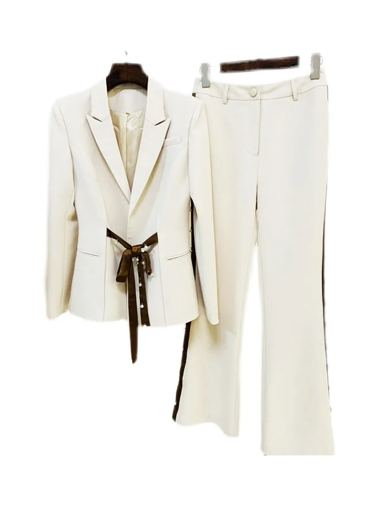 Women's Pearls Beaded Ribbon Belt Blazer Flare Pants Two Piece Suit Set