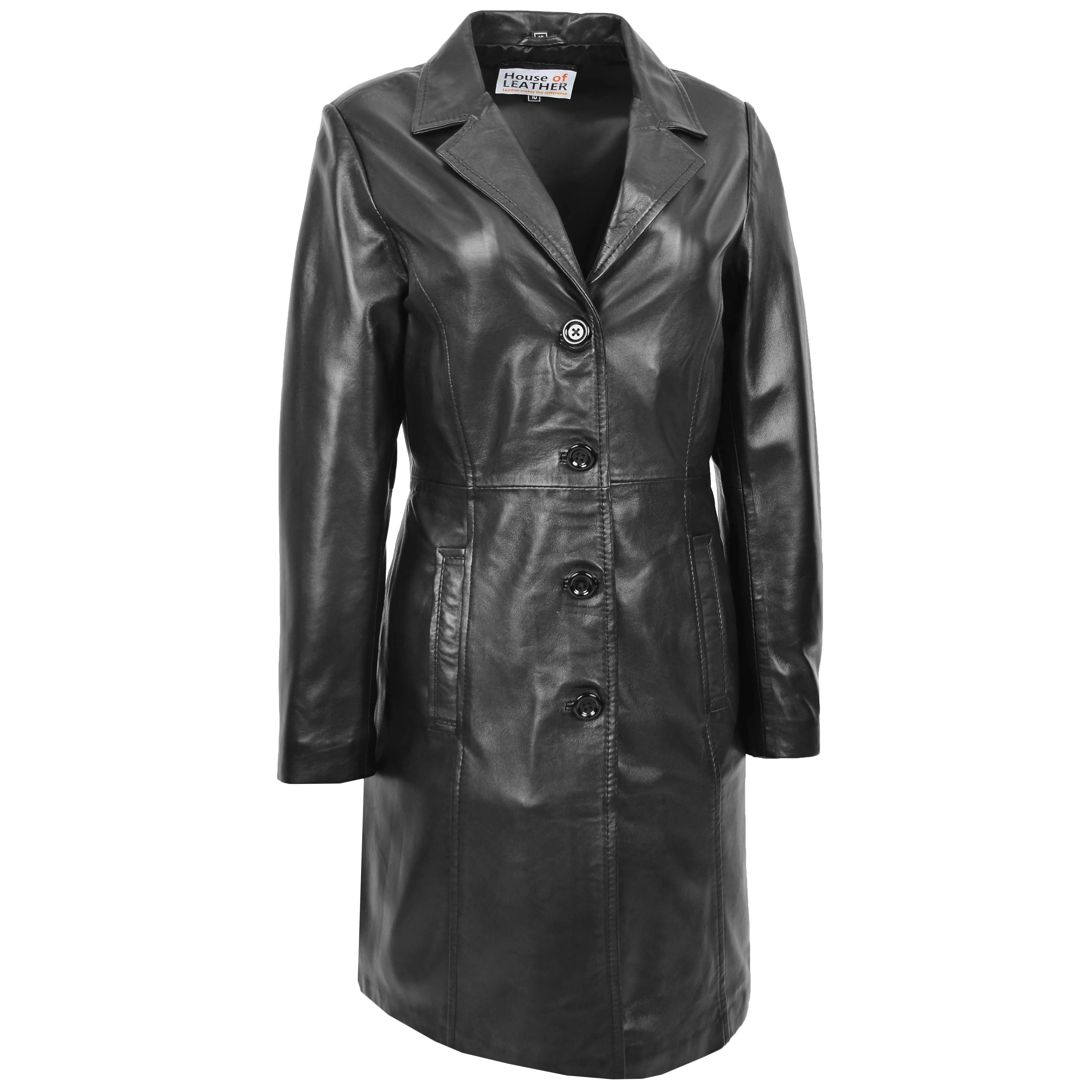 Womens Real Leather Mac Coat 3/4 Length Classic Style Riley Black