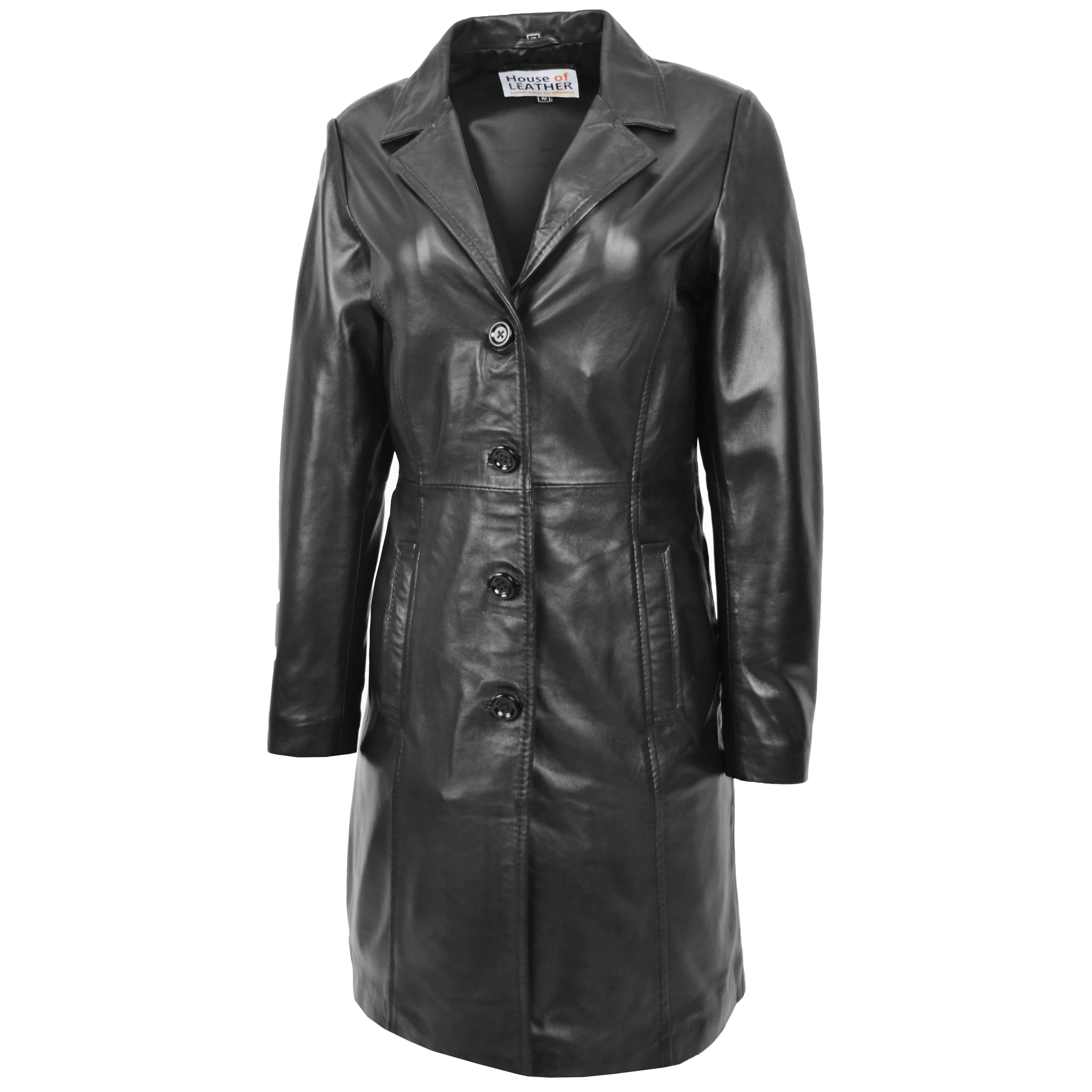 Womens Real Leather Mac Coat 3/4 Length Classic Style Riley Black