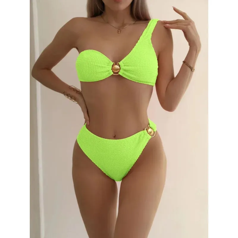 Women's Shell Designer Cut Out One Shoulder High Waist Push-Up Swimwear