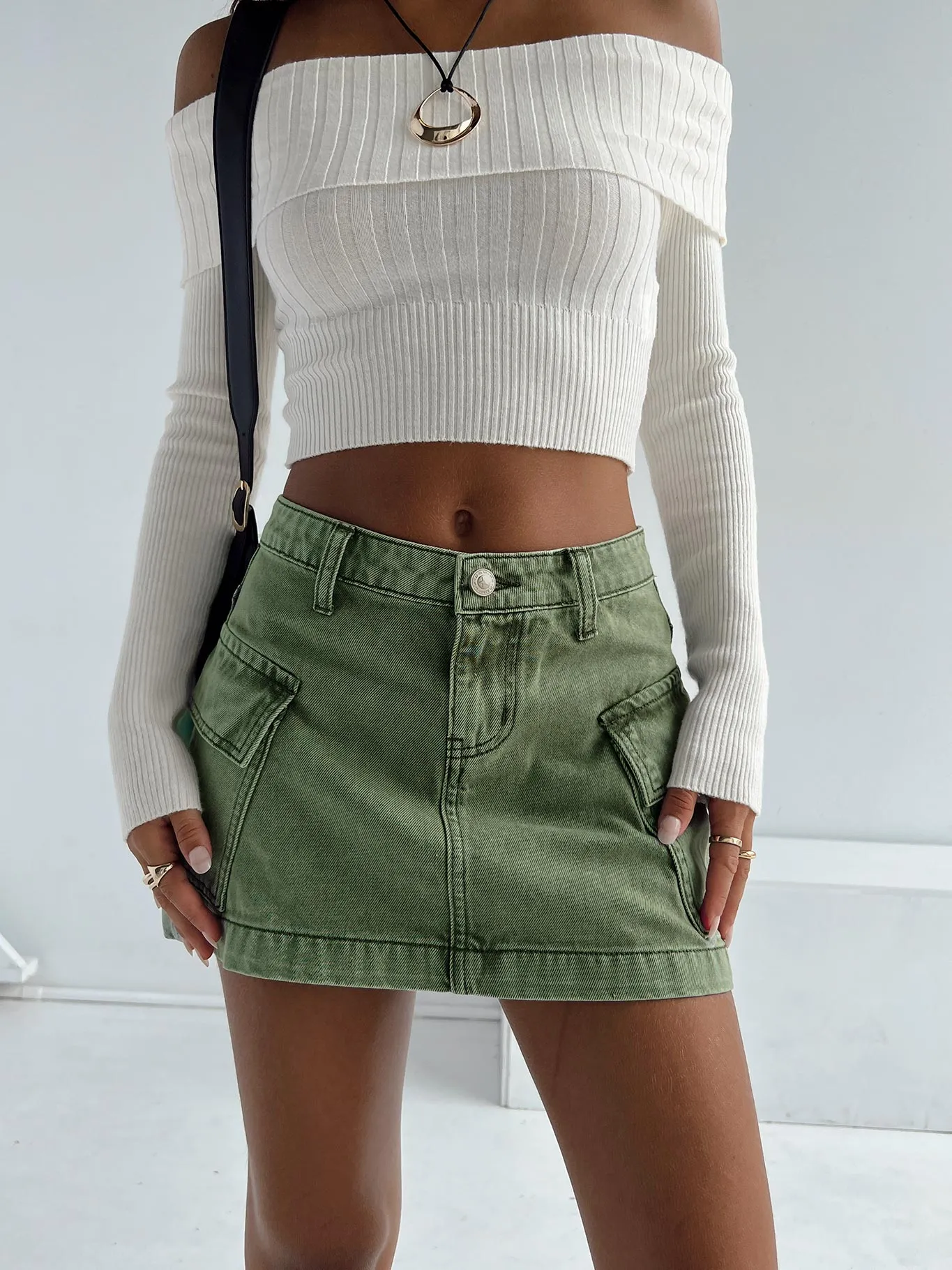 Zakai Cargo Denim Mini Skirt Green